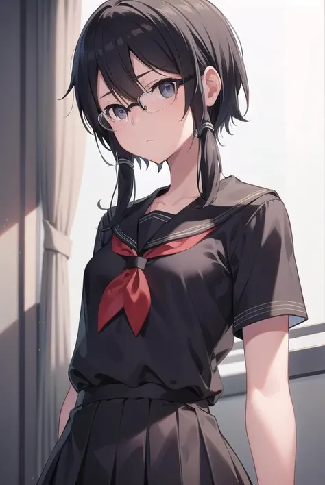 shinoasada, <lyco:shinoasada-lyco-nochekaiser:1>,
shino asada, (black eyes:1.5), black hair, hair between eyes, hair ribbon, short hair, sidelocks, glasses, (small breast:1.2),
BREAK school uniform, serafuku, sailor collar, black sailor collar, black shirt, black skirt, short sleeves, ribbon, blue ribbon,
BREAK looking at viewer,
BREAK indoors, classroom,
BREAK <lyco:GoodHands-beta2:1>, (masterpiece:1.2), best quality, high resolution, unity 8k wallpaper, (illustration:0.8), (beautiful detailed eyes:1.6), extremely detailed face, perfect lighting, extremely detailed CG, (perfect hands, perfect anatomy),
