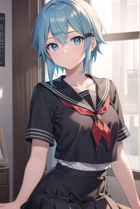 shinoasada, <lyco:shinoasada-lyco-nochekaiser:1>,
sinon, blue eyes, blue hair, hair ornament, hair between eyes, hairclip, short hair, sidelocks, (small breast:1.2),
BREAK school uniform, serafuku, sailor collar, black sailor collar, black shirt, black skirt, short sleeves, ribbon, blue ribbon,
BREAK looking at viewer,
BREAK indoors, classroom,
BREAK <lyco:GoodHands-beta2:1>, (masterpiece:1.2), best quality, high resolution, unity 8k wallpaper, (illustration:0.8), (beautiful detailed eyes:1.6), extremely detailed face, perfect lighting, extremely detailed CG, (perfect hands, perfect anatomy),