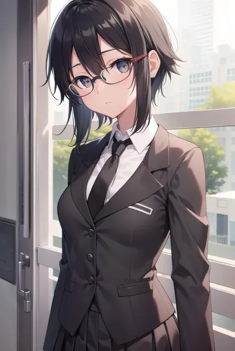 shinoasada, <lyco:shinoasada-lyco-nochekaiser:1>,
shino asada, (black eyes:1.5), black hair, hair between eyes, hair ribbon, short hair, sidelocks, glasses, (small breast:1.2),
BREAK blazer, black jacket, black skirt, jacket, necktie, pleated skirt, red necktie, ribbon, school uniform, skirt, tress ribbon,
BREAK looking at viewer,
BREAK indoors, classroom,
BREAK <lyco:GoodHands-beta2:1>, (masterpiece:1.2), best quality, high resolution, unity 8k wallpaper, (illustration:0.8), (beautiful detailed eyes:1.6), extremely detailed face, perfect lighting, extremely detailed CG, (perfect hands, perfect anatomy),