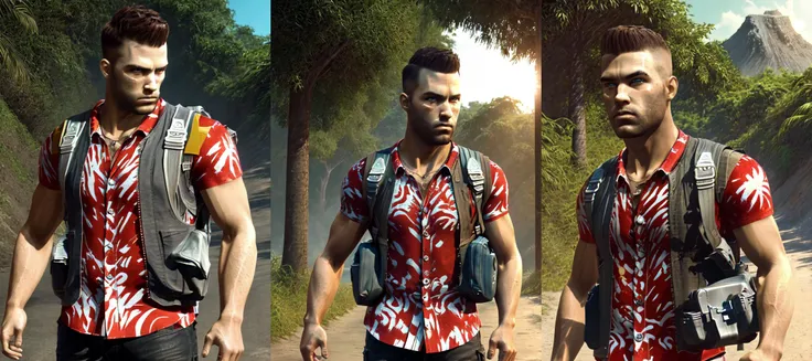 (masterpiece, best quality, detailed:1.2)
1boy, male focus, solo, brown hair, shirt, realistic, bag, backpack, looking at viewer, upper body, short sleeves, gun, closed mouth, blue eyes, print shirt, jacket, muscular, red shirt, hawaii shirt,
full body, outdoors, tropics, day
cinematic lighting, (volumetric lighting), extremely detailed CG unity 8k wallpaper, focused, extremely detailed, (high contrast), detailed and intricate, instagram, highly detailed, digital painting, artstation, concept art, illustration,(epic realistic, hdr, luminous, intricate details, hyperdetailed, cinematic, rim light)