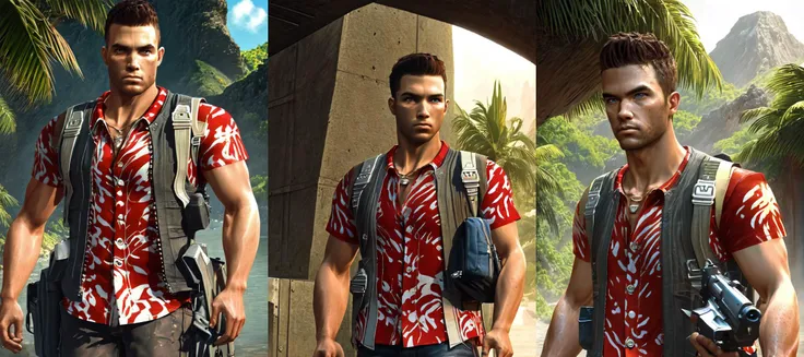 (masterpiece, best quality, detailed:1.2)
1boy, male focus, solo, brown hair, shirt, realistic, bag, backpack, looking at viewer, upper body, short sleeves, gun, closed mouth, blue eyes, print shirt, jacket, muscular, red shirt, hawaii shirt,
full body, outdoors, tropics, day
cinematic lighting, (volumetric lighting), extremely detailed CG unity 8k wallpaper, focused, extremely detailed, (high contrast), detailed and intricate, instagram, highly detailed, digital painting, artstation, concept art, illustration,(epic realistic, hdr, luminous, intricate details, hyperdetailed, cinematic, rim light)