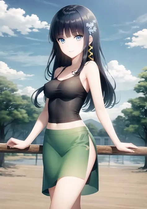 masterpiece, best quality, ultra-detailed, beautiful detailed eyes, extremely detailed eyes and face, 1girl, ShibaMiyuki, hair ornament, black t-shirt, green skirt, ((medium breasts)), standing, looking at viewer, smiling, seductive smile, forest, day, sky, cloud, cowboy shot, full body, <lora:ShibaMiyuki_v1:0.7>