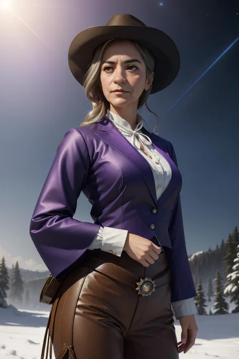 l1zzie_n0texist, masterwork a microscopic photo of a Violet nature and Nebula in background, Duckcore, Rule of Thirds, elegant traditional Shinto (Female Cowgirl:1.3) , she is very Selfish and Angelic, between the stars the Cowgirl has Feral hair, complex Silver and Gray background, Snowing, split diopter, Vivid, Zen, rim light, Short exposure, Canon 5d mark 4, 80mm, Provia, vintage, rpg concept art, natural skin texture, perfect skin, highly detailed, pixiv, (stylized by Ivan Aivazovsky:1.1) , (Raphael Soyer:0.8)