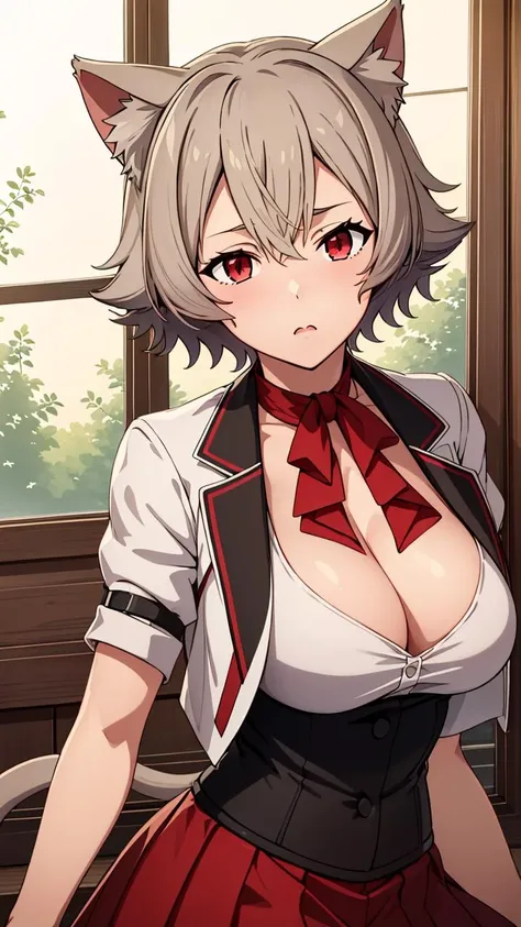 ((masterpiece, best quality, absurdres)), 1girl, a girl named lineana, large breasts, cat ears, red eyes, cat ears, cat tail, cleavage, gray hair, short hair, uniform, short sleeves, white jacket, red pleated skirt, red bow, <lora:lineana_v2:0.6>, upper body, indoors, looking at viewer, windows