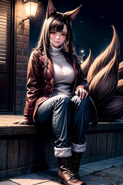 (photorealistic, realistic), best quality masterpiece, realistic impasto, beautiful hand, AkagiV5, 1girl, (fully mature woman | plump), solo, lovely emotion, (full red blush, seductive smile), ((brown down jacket, white sweater, black trousers, ankle boots)), medium breast, makeup,  tails, multiple tails, kitsune, outdoors, dim light | winter night, streetlight at night, midnight Moscow city alley, cowboy shot, sitting, <lora:AkagiV5:0.8>,  <lora:add_detail:1.5>