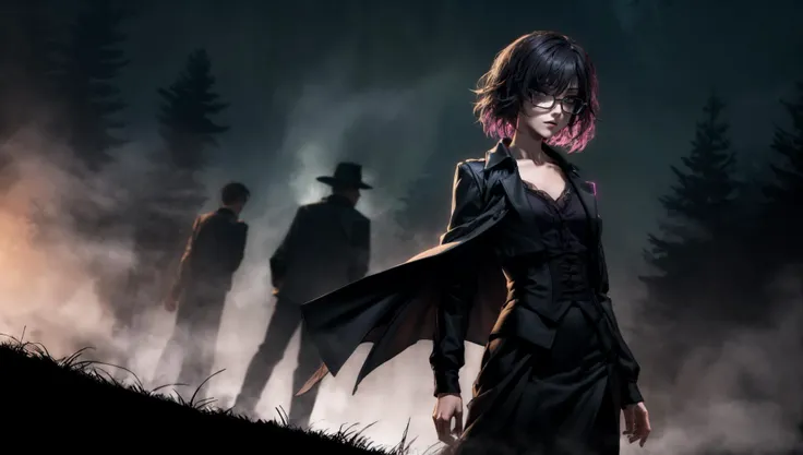 jk, bags under eyes, eyeliner, makeup, 1girl, smirk, short_black_hair, hair_between_eyes, purple_eyes, square_glasses, short_black_jacket, black_shirt, purple corset, flat_chest, black_skirt, standing, hand_on_hip, (fog, dark_sky, castle, grass field, trees), <lora:JdotKdot:0.7>, <lora:LowRA:0.5>, <lora:silhouette synthesis:0.8>,, <lora:add-detail-xl:2>, (masterpiece, 16k, full_body, character_profile:0.8), (anime, detailed face, ambient occlusion, dramatic lighting, dynamic_pose, cinematic_angle),