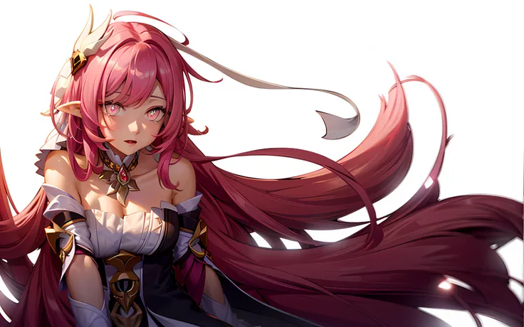 1girl, asymmetrical_legwear, bare_shoulders, breasts, chain, cloud, cuffs, detached_sleeves, elf, gloves, long_hair, looking_at_viewer, open_mouth, pink_hair, pointy_ears, shackles, sky, solo, very_long_hair, white_gloves, white_legwear, looking at viewer, closed mouth, (glowing eyes:1.3), ElysiaHoH <lora:ElysiaHoH1.1:1>