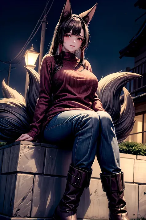 (photorealistic, realistic), best quality masterpiece, realistic impasto, beautiful hand, AkagiV5, 1girl, (fully mature woman | plump), solo, (full red blush, seductive smile), ((brown sweater, black trousers, ankle boots)), medium breast, makeup,  tails, multiple tails, kitsune, outdoors, dim light | winter night, streetlight at night, midnight Moscow city alley, cowboy shot, sitting, <lora:AkagiV5:0.8>,  <lora:add_detail:1.5>