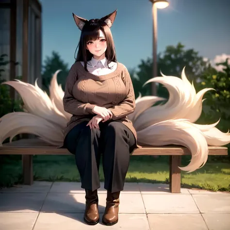 sfw : 2, AkagiV5, 1girl, (fully mature woman | plump), solo, (full red blush, seductive smile), ((brown sweater, black trousers, ankle boots)), medium breast, makeup, tails, multiple tails, kitsune, night : 1.7 outdoor,  cowboy shot, sitting, <lora:AkagiV5:0.6>,, milf : 1.8, fully mature woman : 1.75, tall woman : 1.7, chubby woman : 1.8, skindentation : 1.65, ((8k : 1.7, RAW photo : 1.4, best quality : 1.6, masterpiece:1.6, cinematic lighting : 1.7 | soft shadow : 1.6 | impasto 8K : 1.5, realistic : 0.5), ultra-detailed : 1.5, full emotion, nsfw : 0.4 | solo | extremely cool and sexy : 1.35 , (solo | extremely beautiful : 1.5)), (fleshiness, skindentation), <lora:GoodHands-vanilla:2>,