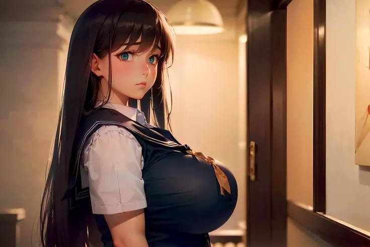 (8k, RAW photo, best quality, masterpiece, soft cinematic lighting, soft color:1.4), (realistic) (solo, mature woman:1.3), (girl uniform:1.3), (emotionless face:1.2), long straight aqua color hair, dark black brown skin, (huge long wide heavy breasts:1.3), (thick, curvy, chubby:1.3)