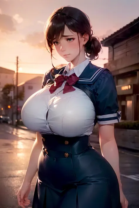 (8k, RAW photo, best quality, masterpiece, soft cinematic lighting, soft color:1.4), (realistic), (outdoor background), (solo, mature woman:1.3), (schoolgirl uniform:1.3), (embarrassed face:1.2), party chignon brown hair, clean skin, (huge long wide heavy breasts:1.3), (thick, curvy:1.3),