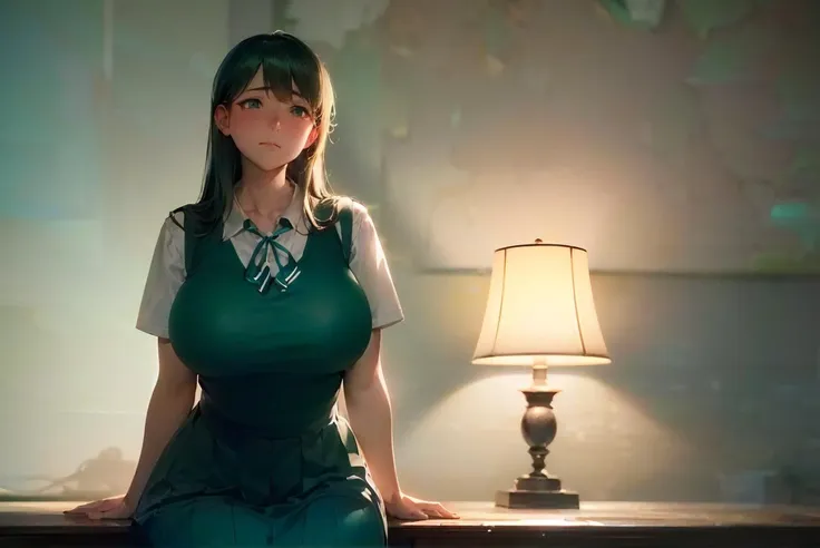 (8k, RAW photo, best quality, masterpiece, soft cinematic lighting, soft color:1.4), (realistic) (solo, mature woman:1.3), (schoolgirl uniform:1.3), (embarrassed face:1.2), long straight turquoise green color hair, dark black brown skin, (huge long wide heavy breasts:1.3),  (thick, curvy, chubby:1.3)