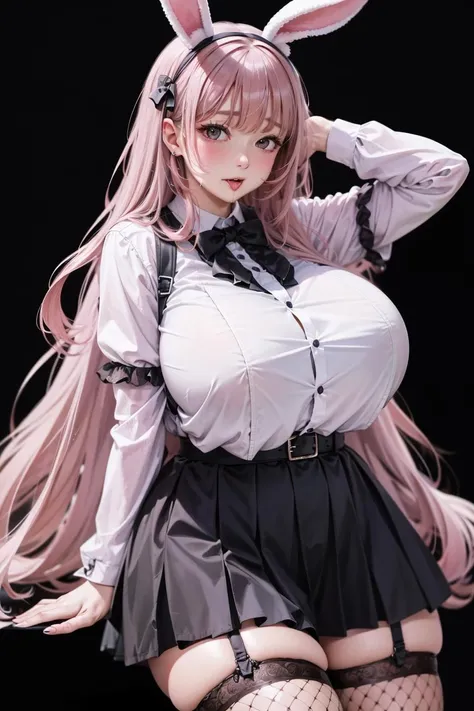 acrylic paint : 1.3, very fat & chubby body : 2, 1 woman : 1.7 | extremely mature : 1.85, bunny girl : 1.4 | 2 bunny ears : 1.4, extremely long white hair : 2, fishnet legwear : 1.5, jiraikei : 1.5 | pleated shirt : 1.2 , gigantic breast : 1.5, shy & face red blush : 1.8 | dripping mouthwater : 1.9, <lora:jiraikei_v1:0.5>, <lora:breastsizeslideroffset:0.4>, masterpiece, highres