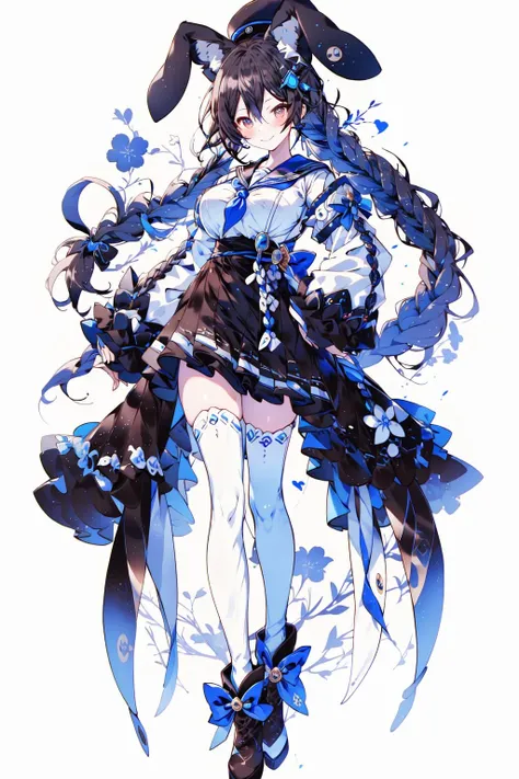 <lora:2D_Blade&Soul:1>, 1girl, solo, animal ears, thighhighs, long hair, full body, rabbit ears, hat, breasts, white thighhighs, white background, simple background, holding, long sleeves, dress, looking at viewer, bangs, blue dress, white sailor collar, bow, blue headwear, boots, blush, brown footwear, standing, sailor collar, sailor dress, hair between eyes, large breasts, hair ornament, closed mouth, virtual youtuber, smile, zettai ryouiki, brown eyes, beret, very long hair, braid, holding pen, short dress, hair bow, pen, red bow, hand up