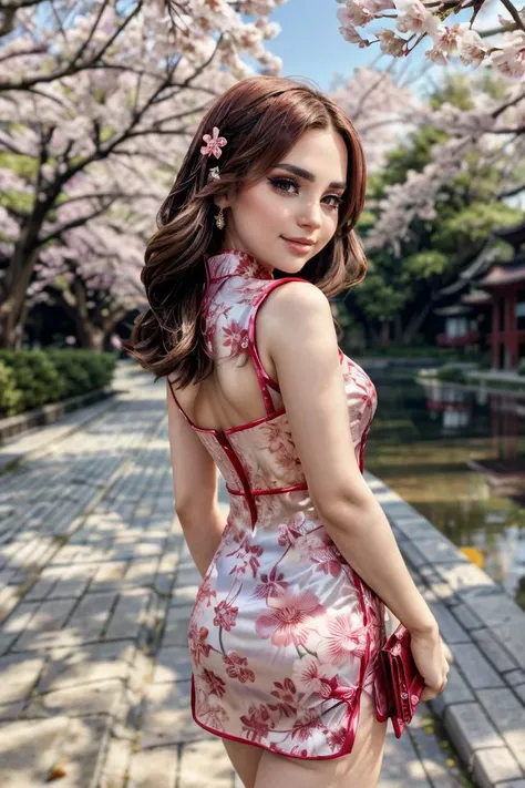wearing a Cheongsam, colorful trim, shiny silk, floral design, looking at viewer, smirk, happy, medium shot, standing, outside, lake, night torii, high quality, masterpiece, (sakura trees, cherry blossom), (paper lanterns, lunar new year), better_oppai, <lora:PerfectFullBreasts-fCV3.5:1.0>, <lora:more_details:0.8>, <lora:GoodHands-beta2:0.8>, <lora:Rosanna Pansino:0.8>