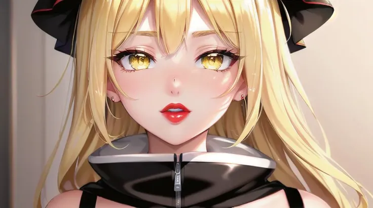 masterpiece, best quality, perfect face, ((1girl)), anime, black_clothes, garter, skirt, sexy, yellow_hair, dark_yellow_eyes, lips, looking_at_viewer, (looking_at_camera), solo, bright_eyes, front_view, portrait, best_quality, bright_colors, extremely_detailed, detailed_background, aparment_inside_background, red lips, shocked_face, pose, first person, on foot, standing, close up,