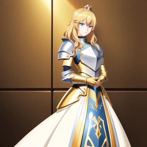 anime, masterpiece, best quality, mature woman knight adventurer in full plate armor, intricate details, detailed facial features, cinematic lighting, stunning environment, editorial design, key visual, by Kyoto Animation, gold princess crown, full body