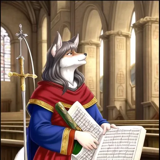 medieval scripture, fox drawing wielding sword, looking up, blessed by the gods, medieval drawing, robin hood, e621, furry, anthro, (female), soft ligthing, sharp shadows, solo, detailed background, holy see, latin text, high quality, hi resolution, archives, high emperor, holy grail, church bible, pope