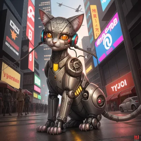 a cute kitten made out of metal, cyborg, cyberpunk style, ((intricate details)), hdri, ((intricate details, hyperdetailed)), cinematic shot, vignette