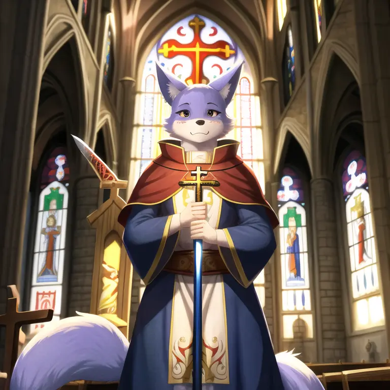 medieval scripture, fox wielding sword, looking up, blessed by the gods, medieval drawing, robin hood, e621, furry, anthro, soft ligthing, sharp shadows, solo, detailed background, high quality, holy grail, church, pope, intricate details, cinematic lighting, stunning environment