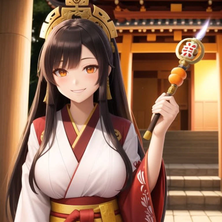 shinto miko priestess holding small mandarine and ceremonial wand, orange eyes, long hair, black hair, medium breasts, light smile, hakama,
temple in background,
intricate details, cinematic lighting, stunning environment, ornate
