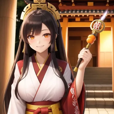 shinto miko priestess holding small mandarine and ceremonial wand, orange eyes, long hair, black hair, medium breasts, light smile, hakama,
temple in background, 
intricate details, cinematic lighting, stunning environment, ornate