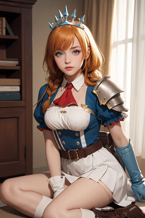 (masterpiece, best quality), 1girl, beautiful face,  <lora:pecorine-lora-nochekaiser:1> pecorine, blue eyes, hair ornament, long hair, orange hair, tiara, braid, hair braid,| arm belt, armor, ascot, blue socks, boots, dress, gloves, hair ornament, open clothes, open dress, pauldrons, pleated skirt, puffy short sleeves, puffy sleeves, red ascot, red skirt, short sleeves, shoulder armor, single pauldron, skirt, socks, white dress, white footwear, white gloves,
