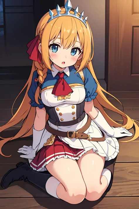 (masterpiece, best quality), 1girl, beautiful face, <lora:pecorine-lora-nochekaiser:1> pecorine, blue eyes, hair ornament, long hair, orange hair, tiara, braid, hair braid,| arm belt, armor, ascot, blue socks, boots, dress, gloves, hair ornament, open clothes, open dress, pauldrons, pleated skirt, puffy short sleeves, puffy sleeves, red ascot, red skirt, short sleeves, shoulder armor, single pauldron, skirt, socks, white dress, white footwear, white gloves,