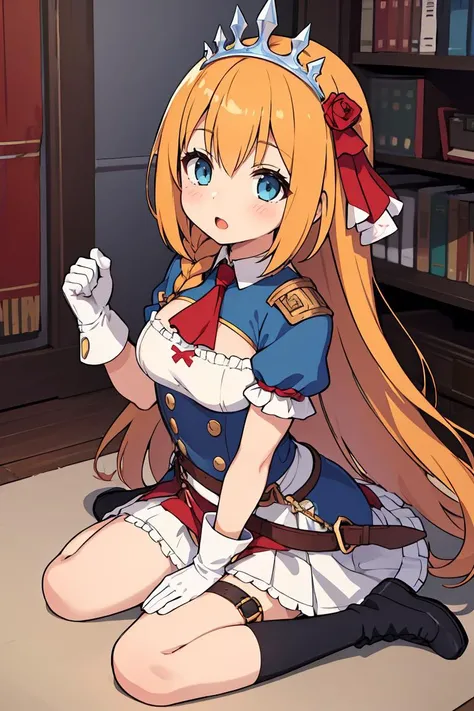 (masterpiece, best quality), 1girl, beautiful face, <lora:pecorine-lora-nochekaiser:1> pecorine, blue eyes, hair ornament, long hair, orange hair, tiara, braid, hair braid,| arm belt, armor, ascot, blue socks, boots, dress, gloves, hair ornament, open clothes, open dress, pauldrons, pleated skirt, puffy short sleeves, puffy sleeves, red ascot, red skirt, short sleeves, shoulder armor, single pauldron, skirt, socks, white dress, white footwear, white gloves,