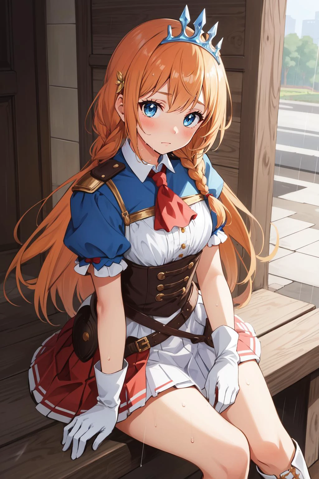 (masterpiece, best quality), intricate details,
1girl, <lora:pecorine-lora-nochekaiser:0.8> pecorine, blue eyes, hair ornament, long hair, orange hair, tiara, braid, hair braid,, arm belt, armor, ascot, blue socks, boots, dress, gloves, hair ornament, open clothes, open dress, pauldrons, pleated skirt, puffy short sleeves, puffy sleeves, red ascot, red skirt, short sleeves, shoulder armor, single pauldron, skirt, socks, white dress, white footwear, white gloves,
rain, see-through, wet, village, sad,