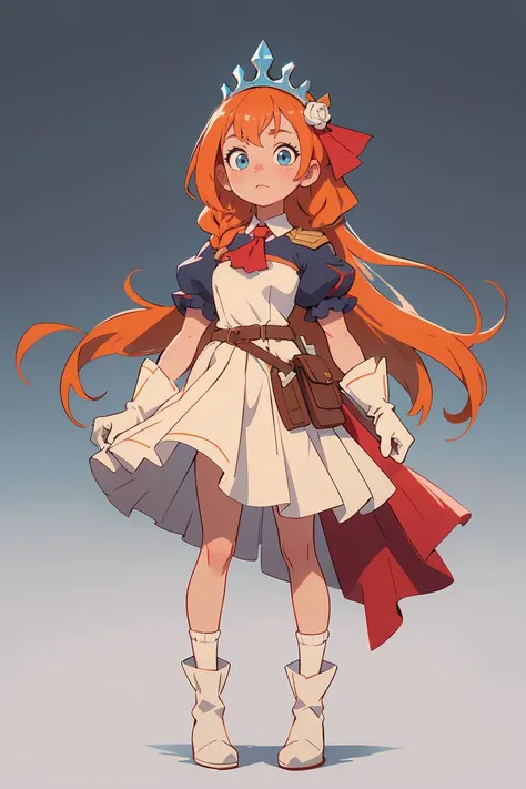 (masterpiece, best quality), 1girl, beautiful face,  <lora:pecorine-lora-nochekaiser:1> pecorine, blue eyes, hair ornament, long hair, orange hair, tiara, braid, hair braid,| arm belt, armor, ascot, blue socks, boots, dress, gloves, hair ornament, open clothes, open dress, pauldrons, pleated skirt, puffy short sleeves, puffy sleeves, red ascot, red skirt, short sleeves, shoulder armor, single pauldron, skirt, socks, white dress, white footwear, white gloves,