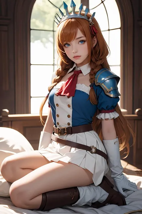 (masterpiece, best quality), 1girl, beautiful face, <lora:pecorine-lora-nochekaiser:1> pecorine, blue eyes, hair ornament, long hair, orange hair, tiara, braid, hair braid,| arm belt, armor, ascot, blue socks, boots, dress, gloves, hair ornament, open clothes, open dress, pauldrons, pleated skirt, puffy short sleeves, puffy sleeves, red ascot, red skirt, short sleeves, shoulder armor, single pauldron, skirt, socks, white dress, white footwear, white gloves,