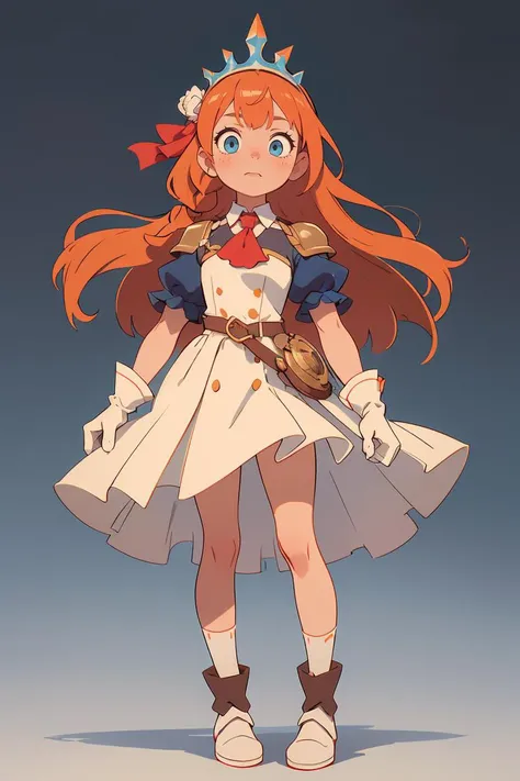 (masterpiece, best quality), 1girl, beautiful face, <lora:pecorine-lora-nochekaiser:1> pecorine, blue eyes, hair ornament, long hair, orange hair, tiara, braid, hair braid,| arm belt, armor, ascot, blue socks, boots, dress, gloves, hair ornament, open clothes, open dress, pauldrons, pleated skirt, puffy short sleeves, puffy sleeves, red ascot, red skirt, short sleeves, shoulder armor, single pauldron, skirt, socks, white dress, white footwear, white gloves,