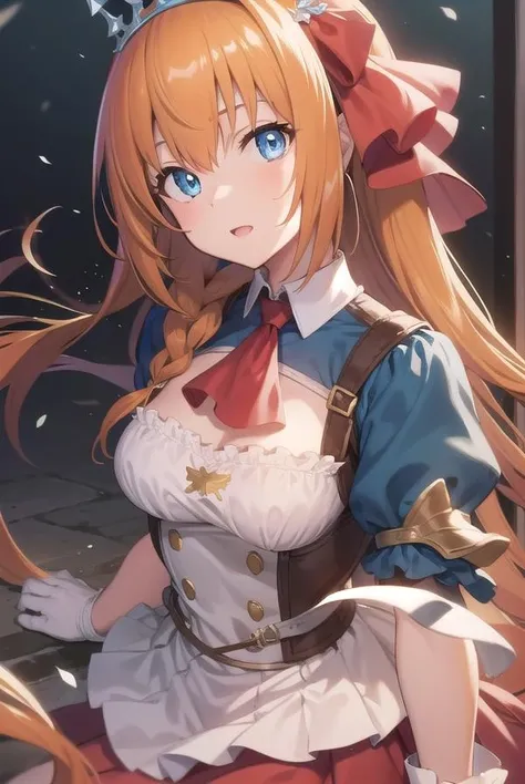 pecorine, <lora:pecorine-lora-nochekaiser:1>,
pecorine, blue eyes, hair ornament, long hair, orange hair, tiara, braid, hair braid,
BREAK arm belt, armor, ascot, blue socks, boots, dress, gloves, hair ornament, open clothes, open dress, pauldrons, pleated skirt, puffy short sleeves, puffy sleeves, red ascot, red skirt, short sleeves, shoulder armor, single pauldron, skirt, socks, white dress, white footwear, white gloves,
BREAK looking at viewer, full body,
BREAK outdoors,
BREAK <lyco:GoodHands-beta2:1>, (masterpiece:1.2), best quality, high resolution, unity 8k wallpaper, (illustration:0.8), (beautiful detailed eyes:1.6), extremely detailed face, perfect lighting, extremely detailed CG, (perfect hands, perfect anatomy),