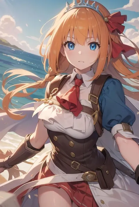 pecorine, <lora:pecorine-lora-nochekaiser:1>,
pecorine, blue eyes, hair ornament, long hair, orange hair, tiara, braid, hair braid,
BREAK arm belt, armor, ascot, blue socks, boots, dress, gloves, hair ornament, open clothes, open dress, pauldrons, pleated skirt, puffy short sleeves, puffy sleeves, red ascot, red skirt, short sleeves, shoulder armor, single pauldron, skirt, socks, white dress, white footwear, white gloves,
BREAK looking at viewer, full body,
BREAK outdoors,
BREAK <lyco:GoodHands-beta2:1>, (masterpiece:1.2), best quality, high resolution, unity 8k wallpaper, (illustration:0.8), (beautiful detailed eyes:1.6), extremely detailed face, perfect lighting, extremely detailed CG, (perfect hands, perfect anatomy),