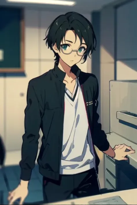 masterpiece, best quality, sketch, 1boy, solo, male focus, looking at viewer, , depth of field, <lora:kengo_suguri:0.70>, kengo_suguri, black hair, green eyes, glasses, biker costume, science fiction detective,
