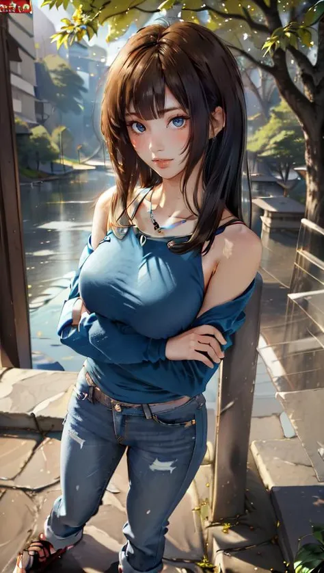 masterpiece, best quality,  1girl,  <lora:HoshiiEmi:1> <lora:edgHimeCut:0.9> with a edgHimeCut hairstyle,  blunt bangs, bangs, lake, nature, stone walkway,  full body, jeans, bare shoulders, blue shirt, necklace, <lora:people_count_slider_v1:2.5> crossed arms, from side,