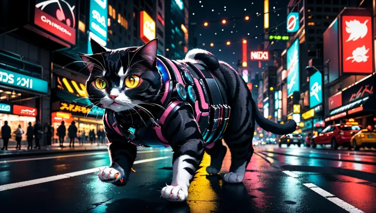 masterpiece, best quality, a scene featuring a bionic cat navigating a neon-lit cityscape, blending seamlessly with the cyber-enhanced environments ,  <lora:people_count_slider_v1:1.8>, persian cat