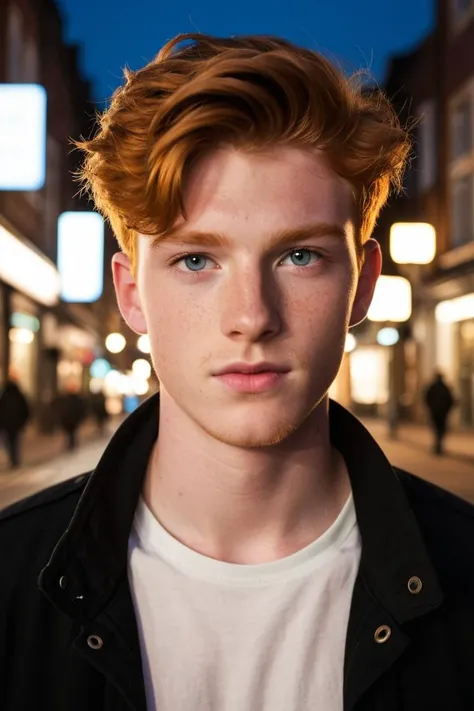 street photography of a ginger 19yo young adult man, very detailed, ruggedly handsome with black hair and stubble, detailed eyes, busy public street at night, dramatically lit