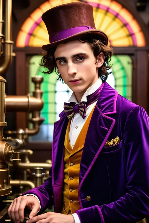 Willy Wonka played by Timothée Chalamet in a chocolate factory in fantasy steampunk victorian london, technicolor photo, cinematic, rainbow color painted machinery, (perfectly-lit, crisp focus, absurdres, 8k UHD, HDR, vivid color, depth of field, contrast, clarity, balance)