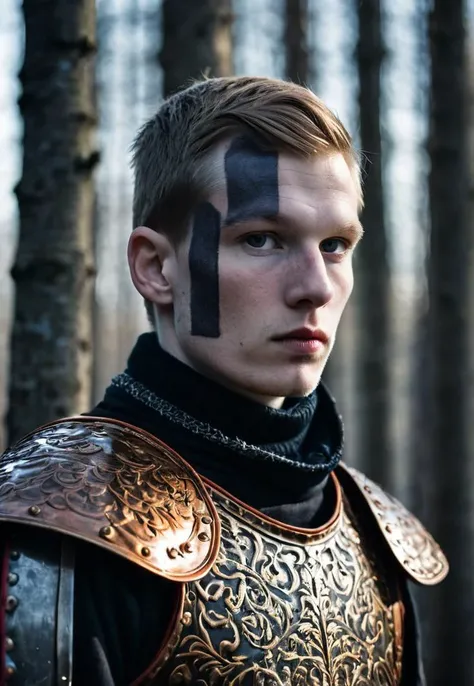Portrait photography, a young thin man, finland, armour, sharp detailing, masterpiece, sharp focus face, half face in dark shadow, high contrast, vibrant colors, folk, fertility, lust, Häme, beech tree, frost,