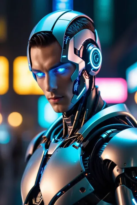 epic cyberpunk android young male model robot, (perfectly-lit, crisp focus, absurdres, 8k UHD, HDR, vivid color, depth of field, contrast, clarity, balance)