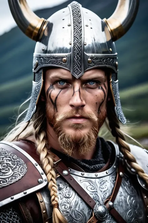 epic portrait of a viking warrior, shiny metal, grime, just returned from battle scene, intricately detailed
