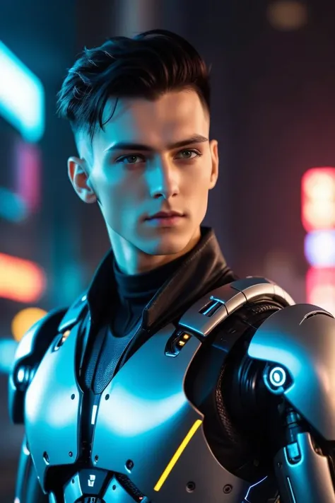 a man in a futuristic suit standing in front of a neon city