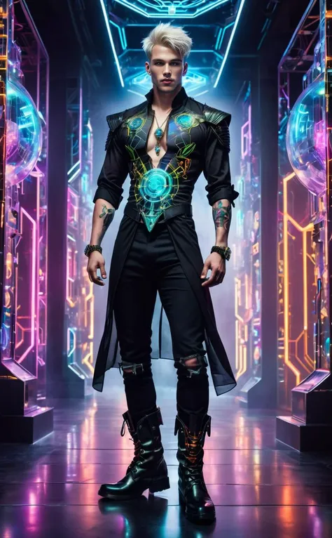 a full body image of a handsome pale slim young man with short hair undressed looking at viewer dynamic pose wearing jewellery and black Chiffon embroidered open shirt bare chest highly detailed intricately designed futuristic clothing and engraved etched damaged combat boots, show boots, walking through a vast megastructure towering twisting organic obelisks glass metal bright colourful with neon pretty lights dark background, fog, in the style of Marshall Strabala and Jun Xia (crisp focus, absurdres, vivid color, depth of field, clarity, balance) <lora:SDXLFaeTastic2400:0.7>