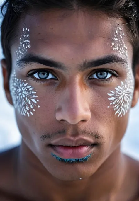 head and torso Portrait Photography, a young man, Aboriginal, sharp detailing, masterpiece, sharp focus face, half face in shadow, high contrast, vibrant colors, dramatic, folk, Finland, frost, the Dreamtime, sharp focus on eyes, round pupils, round iris