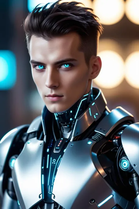 epic cyberpunk android young male model robot, silver eyes, (perfectly-lit, crisp focus, absurdres, 8k UHD, HDR, vivid color, depth of field, contrast, clarity, balance)