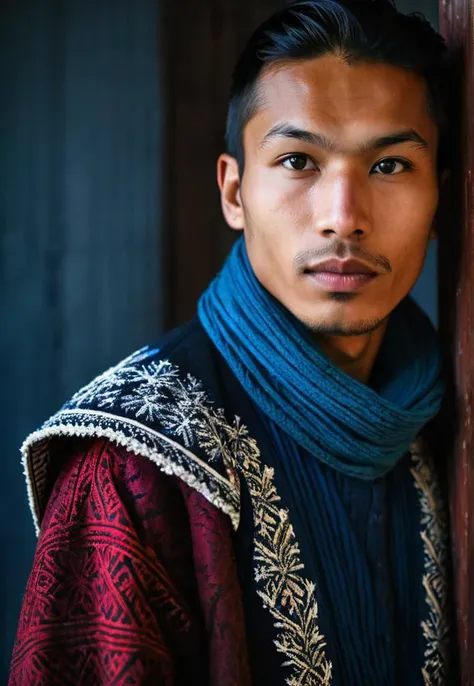 full body Portrait Photography, (Finland:1.1), (frost:1.1), a young man, Nepalese, sharp detailing, masterpiece, sharp focus face, half face in shadow, high contrast, vibrant colors, dramatic, folk, Kirati, clothing