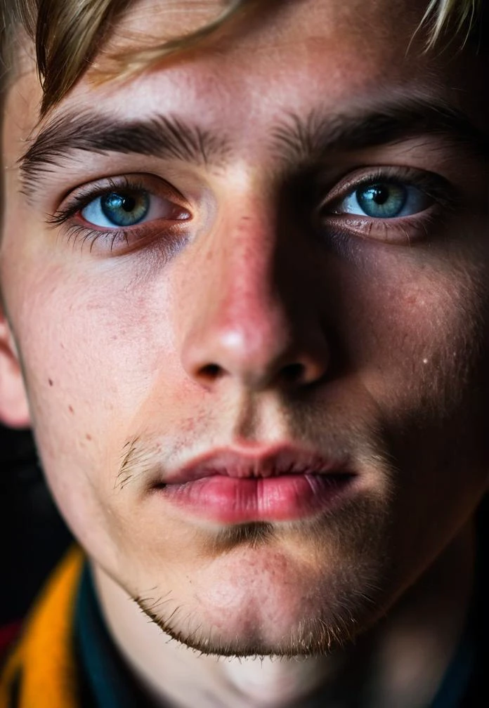 Portrait photography, a young man, sharp detailing, masterpiece, sharp focus face, half face in shadow, high contrast, vibrant colors, folk, finland, lingam