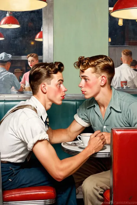 norman rockwell painting, 1950s young adult gay couple at a diner